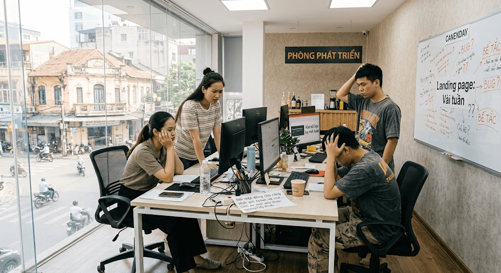 Đội marketing mệt mỏi chờ đội phát triển sửa landing page, bảng trắng ghi Landing page: vài tuần